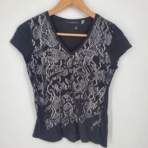 Tahari Women's Black V-Neck Tshirt with Silver Print Size Small